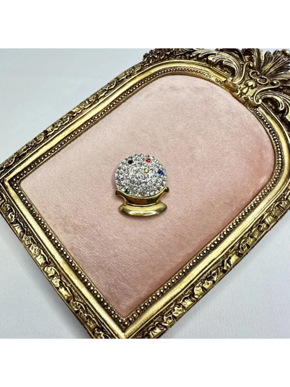 Crystal Ball Brooch W/ Gold Tone Base & Multicolor Pave Crystals Fortune Teller